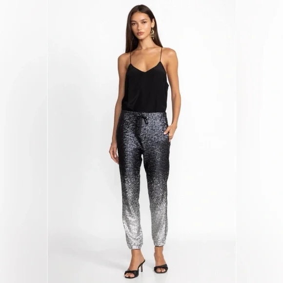 *JOHNNY WAS* Black x Silver Sequin Simona Jogger Pants Size Medium - Picture 2 of 11